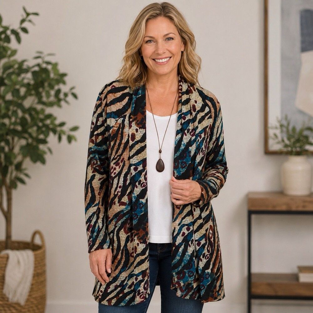 Simonton Says Sweater Women Medium Open Front Office Siren Boho Trendy USA Made